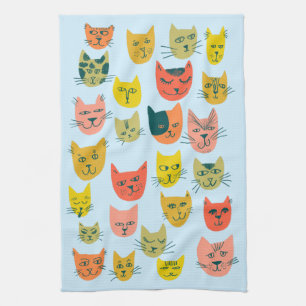 Colourful Cute Cats Kittens Blue Tea Towel