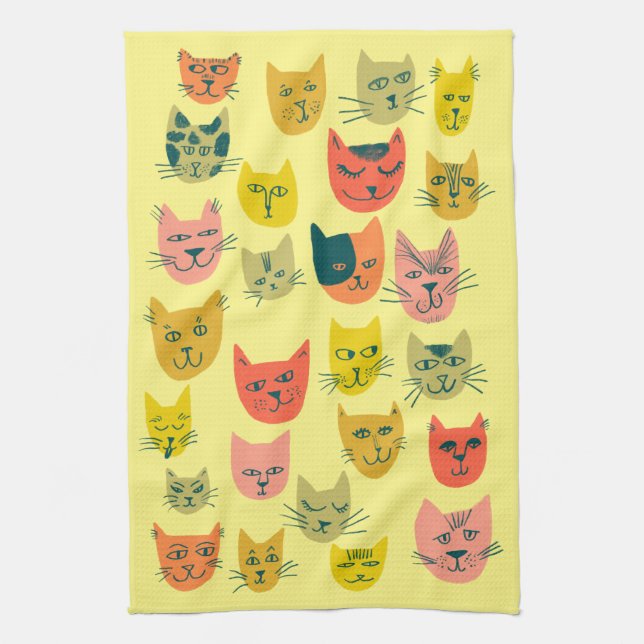 Colourful Cute Cats Kittens Blue Tea Towel (Vertical)