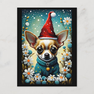 Colourful Cute Chihuahua Floral Santa Christmas Postcard
