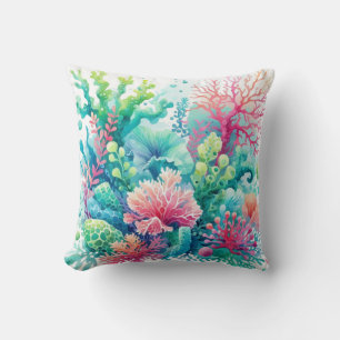 Colourful Cute Coral Blue Green Pink Teal Coastal Cushion