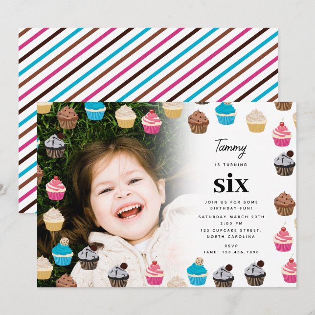 Colourful Cute Cupcakes Kids Photo Birthday Party Invitation (Front/Back)