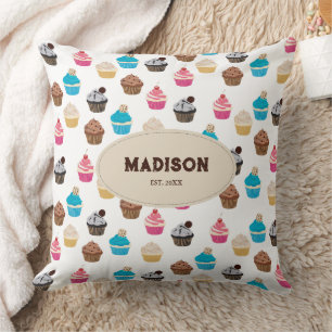 Colourful Cute Cupcakes Pattern Monogram Cushion