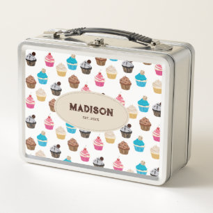 Colourful Cute Cupcakes Pattern Monogram Metal Lunch Box
