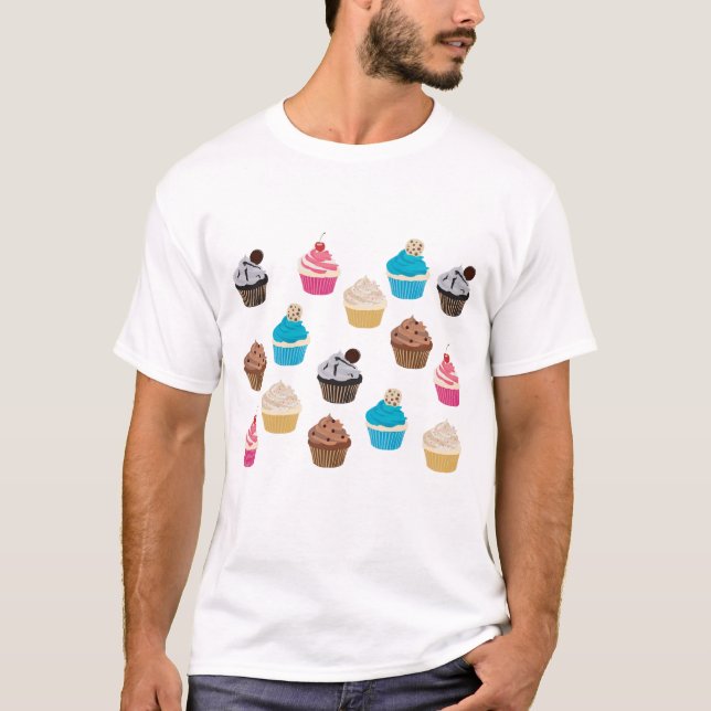 Colourful Cute Cupcakes Pattern  T-Shirt (Front)