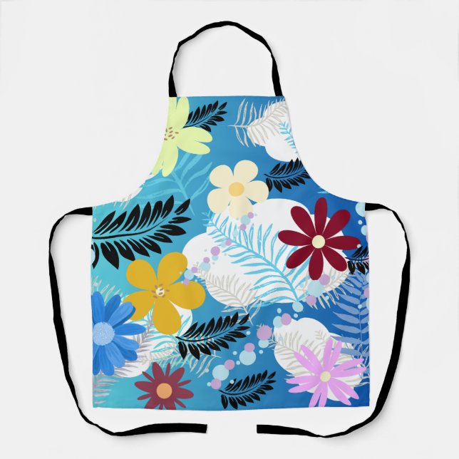 Colourful Cute Daisies Ferns Bubbles Clouds Patter Apron (Front)
