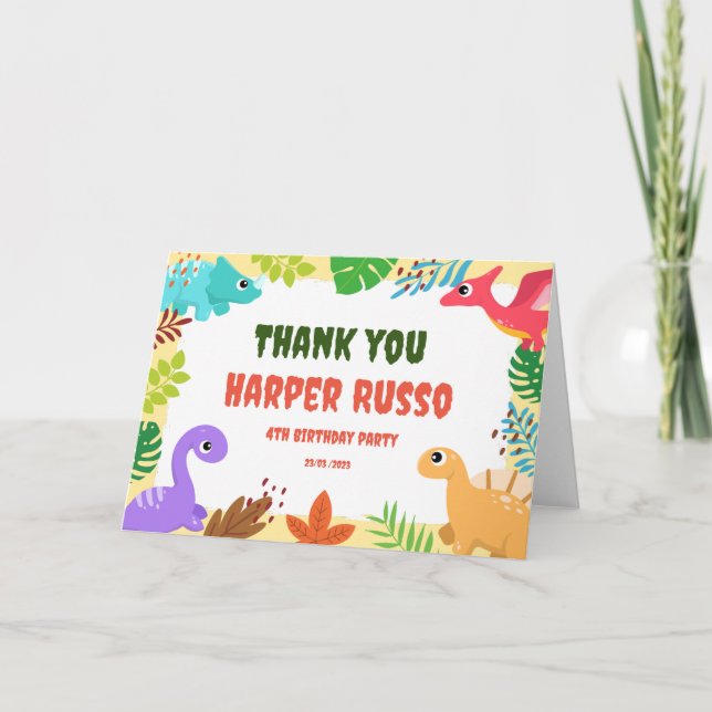 Colourful Cute Dino Birthday Party  Thank You Card (Front)