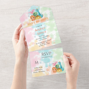 Colourful Cute Dinosaurs Baby Shower All In One Invitation