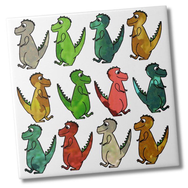 Colourful Cute Dinosaurs Ceramic Tile (Cute Cartoon Watercolor Dinosaur Print Ceramic Tile)