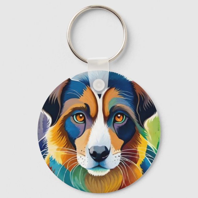 Colourful cute dog portrait close up key ring (Front)