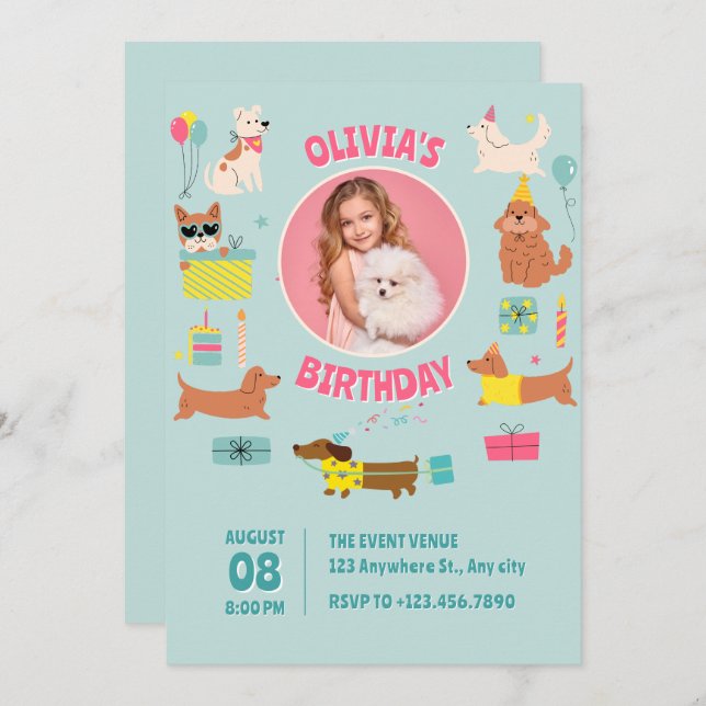 Colourful Cute Dogs photo Birthday Invitation (Front/Back)