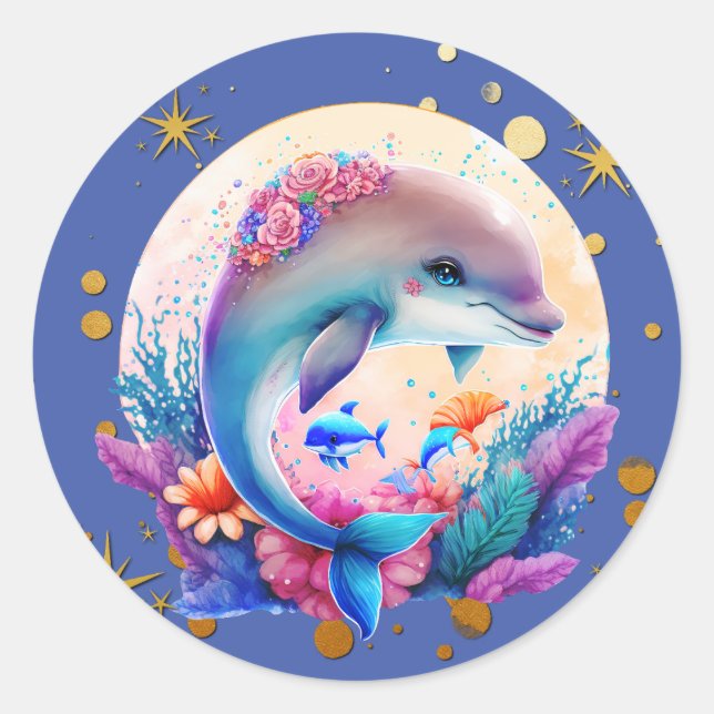 Colourful Cute Dolphin and golden Star Classic Round Sticker (Front)