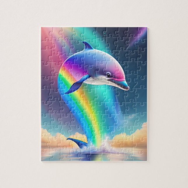 Colourful Cute Dolphin Wtith Rainbow and Neon Ligh Jigsaw Puzzle (Vertical)