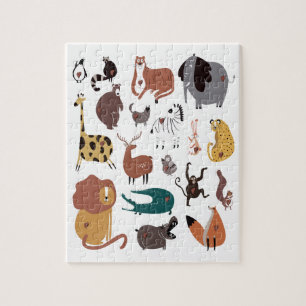 Colourful cute doodle cartoon set of Wild animals Jigsaw Puzzle