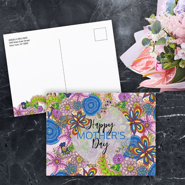 Colourful Cute Doodle Flowers Mother's Day Postcard (Creator Uploaded)