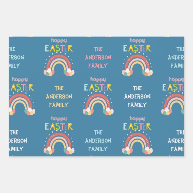 Colourful Cute Easter Bunnies Rainbow Personalised Wrapping Paper Sheet (Front)