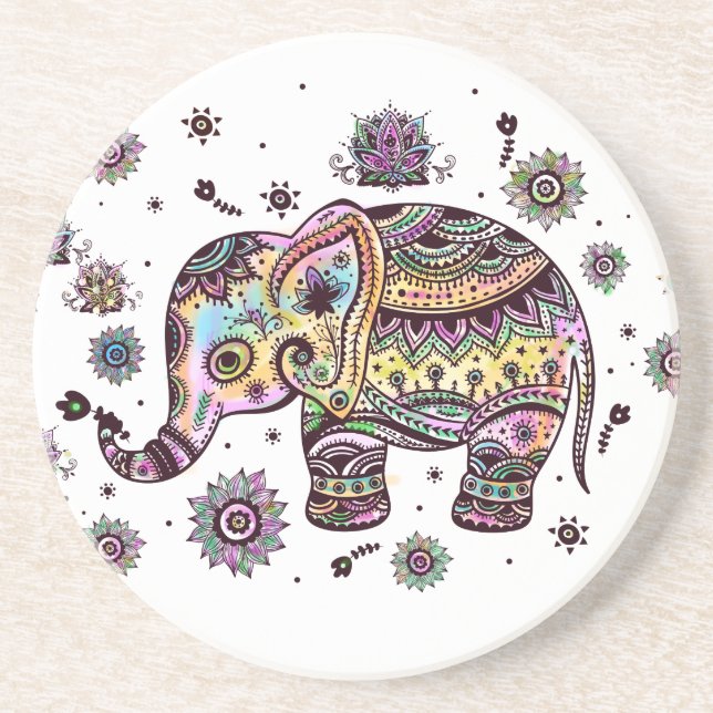 Colourful Cute Elephant On Grey Marble Stone Coaster (Front)