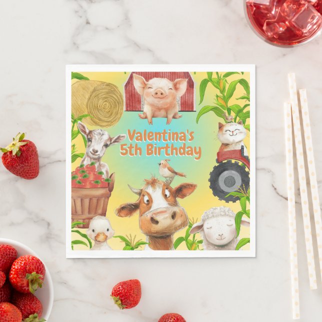 Colourful Cute Farm Animals Barnyard Kids Birthday Napkin (Insitu)