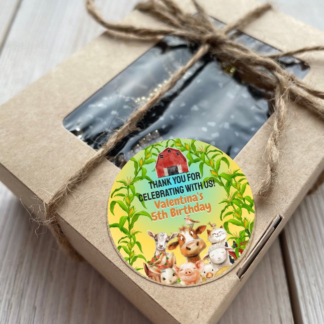 Colourful Cute Farm Animals Red Barn Thank You Classic Round Sticker (Creator Uploaded)