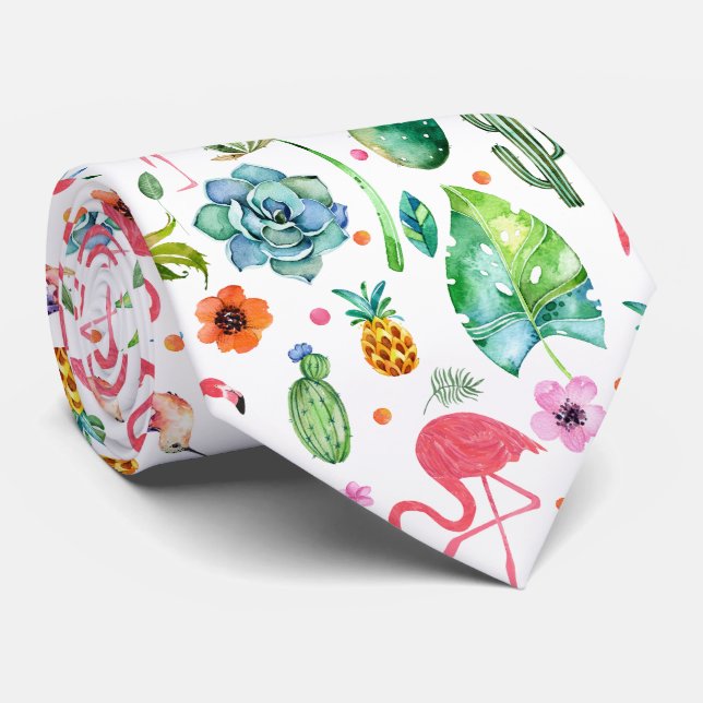 Colourful Cute Flamingos & Tropical Flowers & Leaf Tie (Rolled)