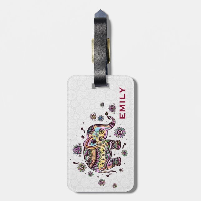 Colourful Cute Floral Elephant Luggage Tag (Back Vertical)