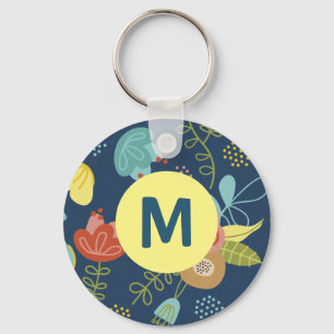 Colourful Cute Floral Pattern Dark Blue Monogram Key Ring