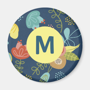 Colourful Cute Floral Pattern Dark Blue Monogram Magnet