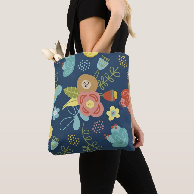 Colourful Cute Floral Pattern Dark Blue Tote Bag (Close Up)