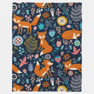 Colourful Cute Flowers & Foxes Pattern Fleece Blanket