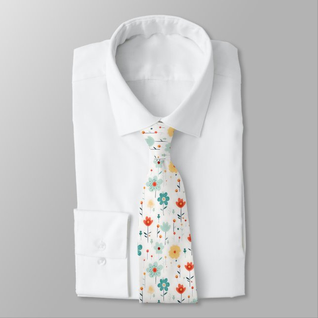 Colourful Cute Flowers Pattern Tie (Tied)