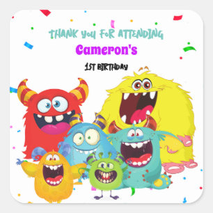 Colourful Cute Fun Monster Birthday Party Square Sticker