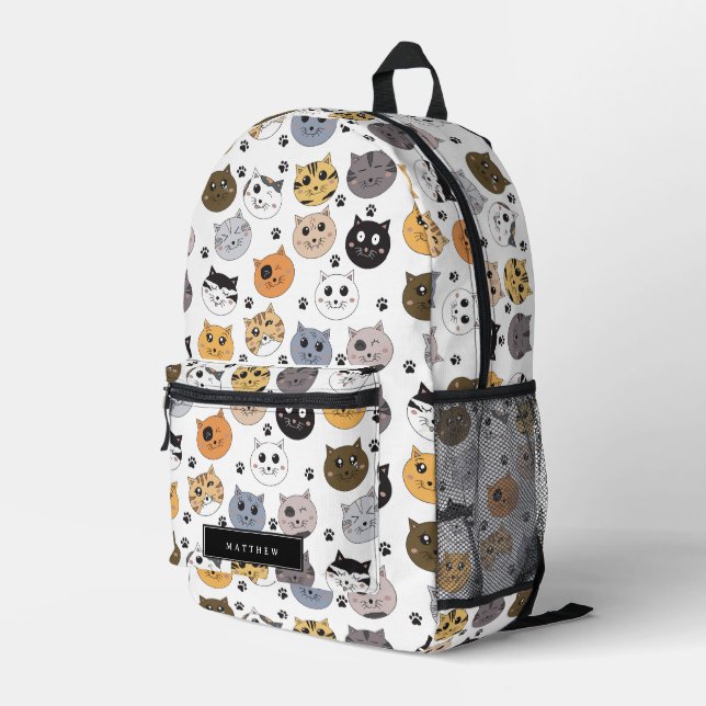 Colourful Cute Funny Cats & Paw Custom Name Printed Backpack (Back Corner Right)