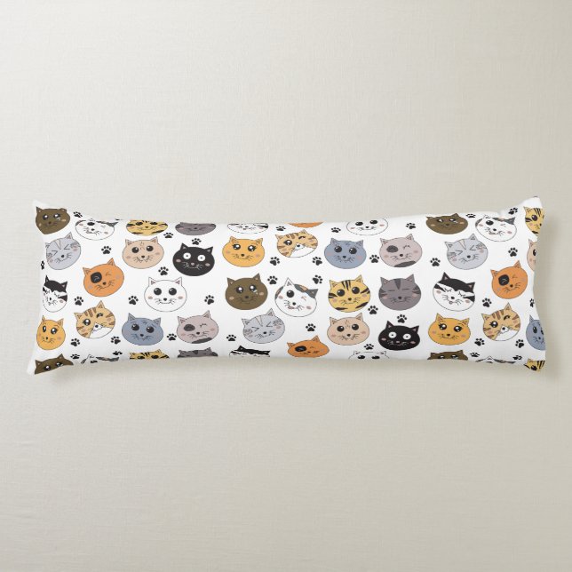 Colourful Cute Funny Cats & Paw Pattern Body Cushion (Front)