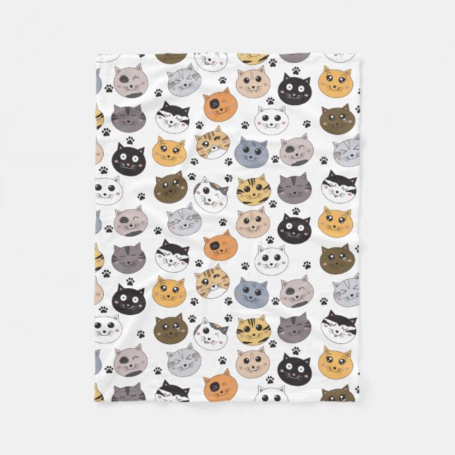 Colourful Cute Funny Cats & Paw Pattern Fleece Blanket (Front)