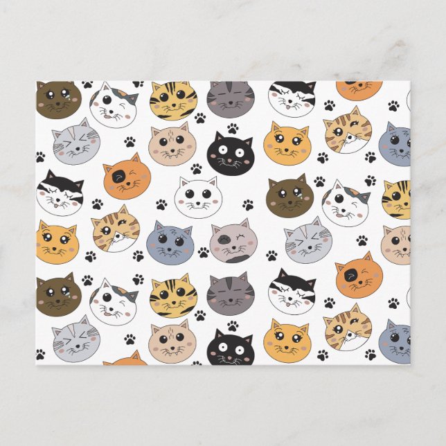 Colourful Cute Funny Cats & Paw Pattern Holiday Postcard (Front)