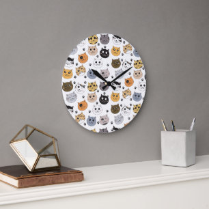 Colourful Cute Funny Cats & Paw Pattern Large Clock