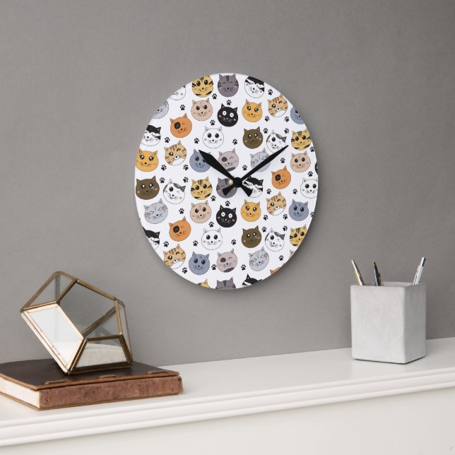 Colourful Cute Funny Cats & Paw Pattern Large Clock (Office)