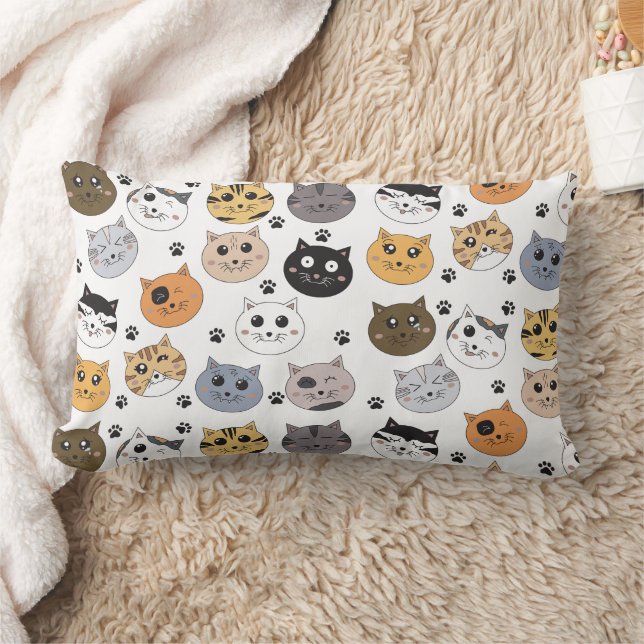 Colourful Cute Funny Cats & Paw Pattern Lumbar Cushion (Blanket)