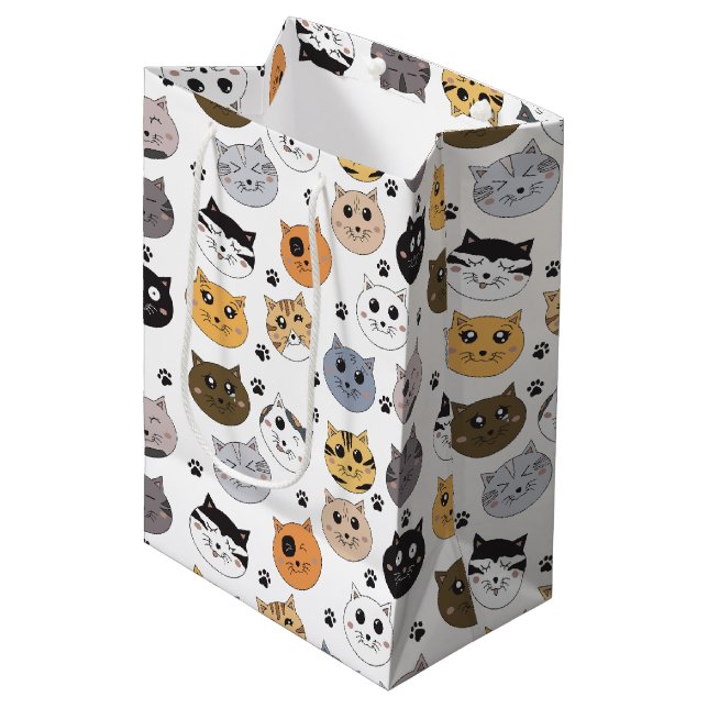 Colourful Cute Funny Cats & Paw Pattern Medium Gift Bag (Front Angled)