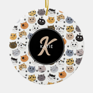 Colourful Cute Funny Cats & Paw Pattern Monogram Ceramic Ornament