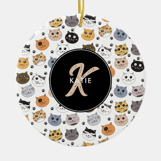 Colourful Cute Funny Cats & Paw Pattern Monogram Ceramic Ornament (Front)