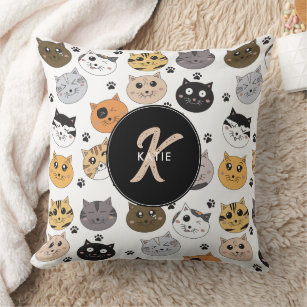 Colourful Cute Funny Cats & Paw Pattern Monogram Cushion