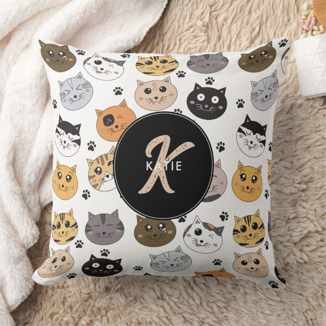 Colourful Cute Funny Cats & Paw Pattern Monogram Cushion (Blanket)