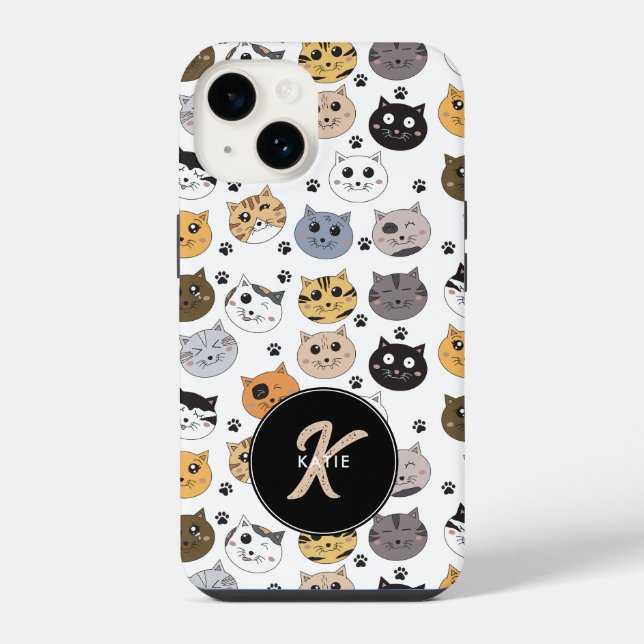 Colourful Cute Funny Cats & Paw Pattern Monogram iPhone Case (Back)