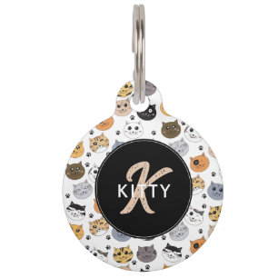 Colourful Cute Funny Cats & Paw Pattern Monogram Pet Tag