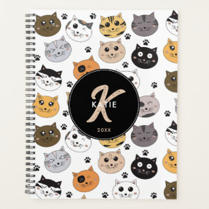 Colourful Cute Funny Cats & Paw Pattern Monogram Planner
