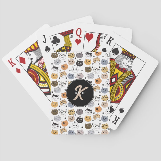 Colourful Cute Funny Cats & Paw Pattern Monogram Playing Cards (Back)