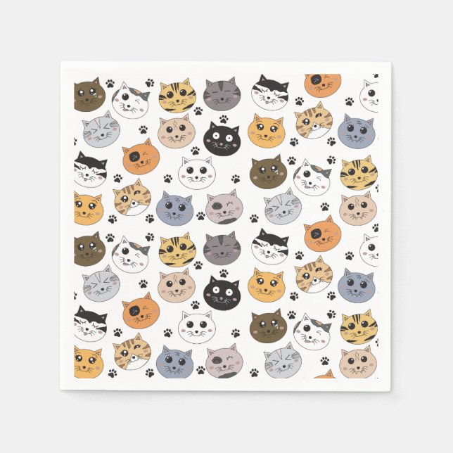 Colourful Cute Funny Cats & Paw Pattern Napkin (Front)
