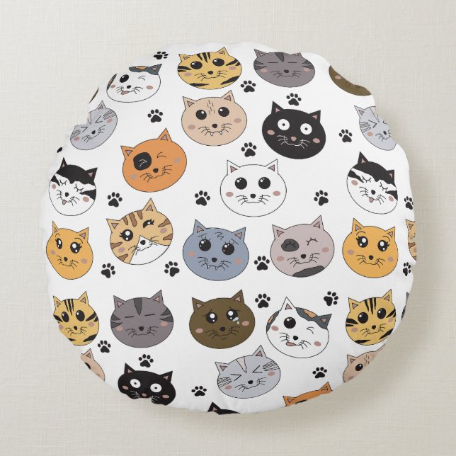 Colourful Cute Funny Cats & Paw Pattern Round Cushion (Front)