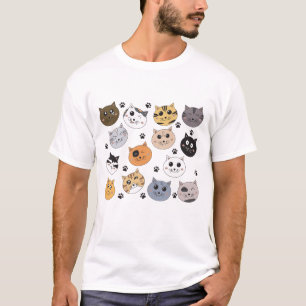 Colourful Cute Funny Cats & Paw Pattern T-Shirt