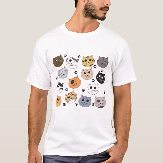 Colourful Cute Funny Cats & Paw Pattern T-Shirt (Front)